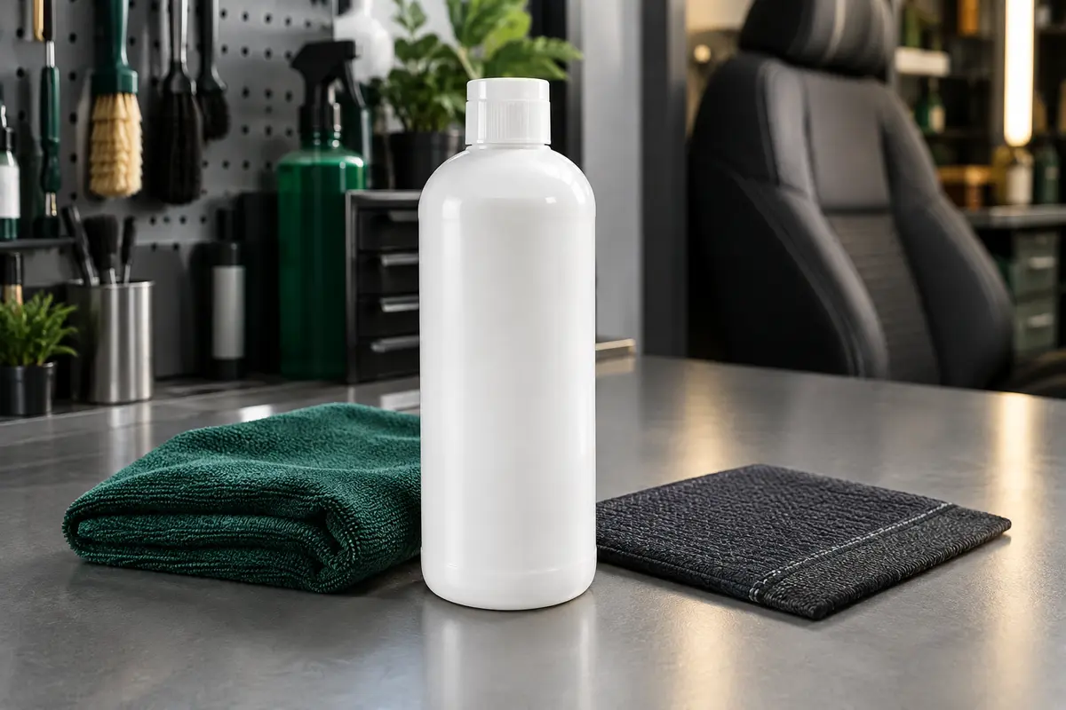 Flacon blanc de nettoyant textile concentré posé sur un établi dans un atelier automobile propre.