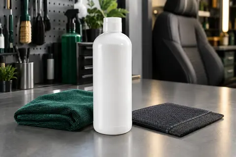 Flacon blanc de nettoyant textile concentré posé sur un établi dans un atelier automobile propre.