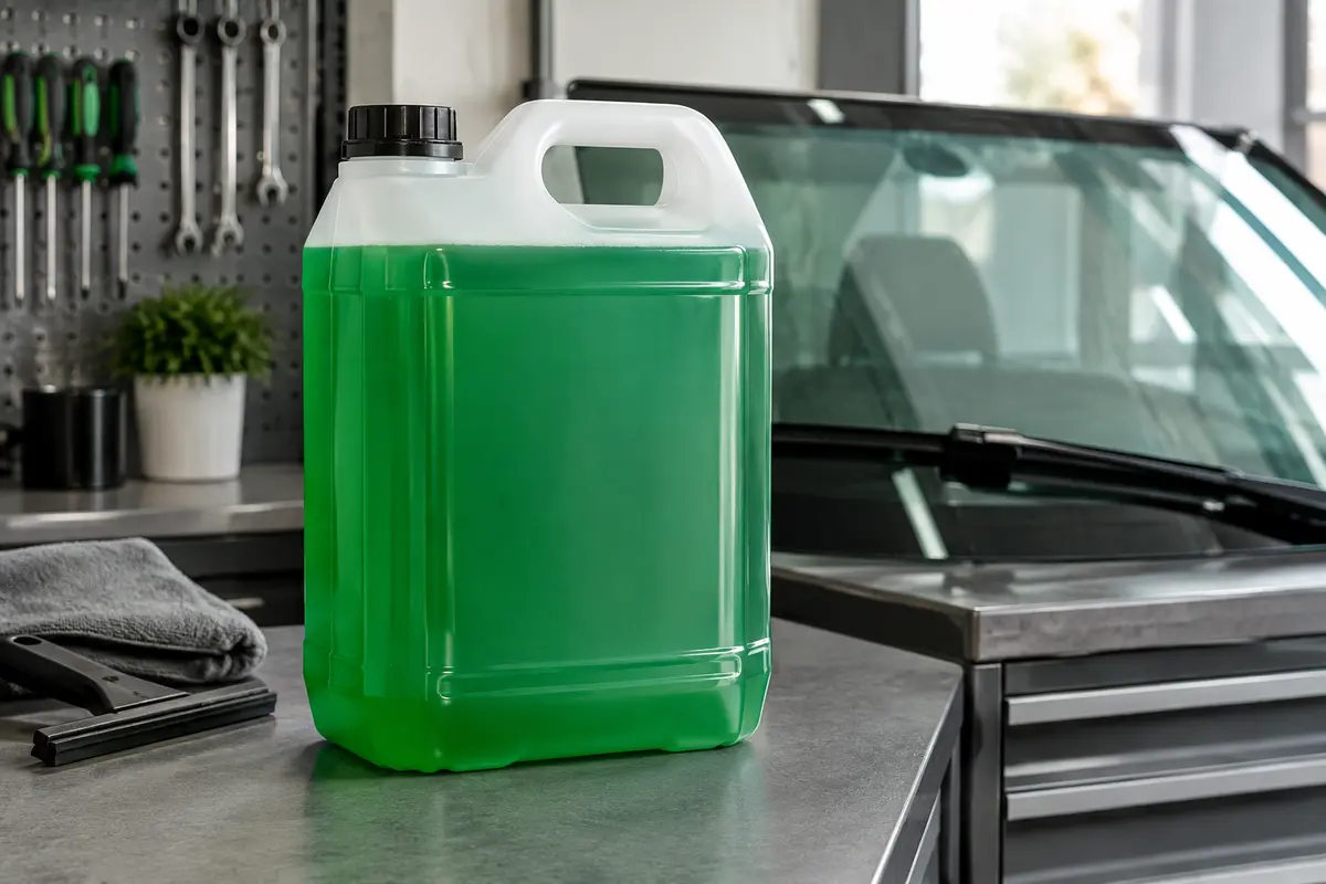 Bidon de 5 L de lave-glace vert posé sur un établi gris dans un atelier propre