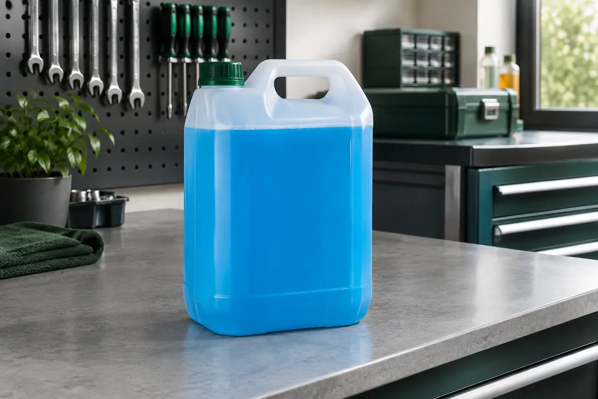 Bidon de lave-glace anti-pluie bleu de 5 L posé sur un établi gris dans un atelier automobile propre.