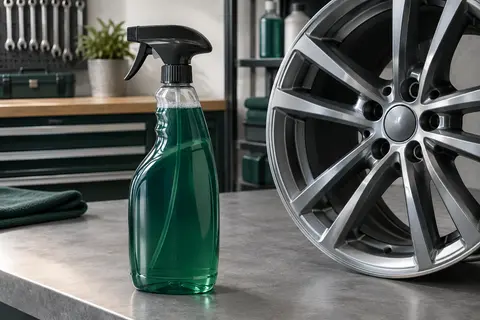 Flacon de nettoyant jantes de 750 ml posé près d’une roue dans un atelier automobile propre.