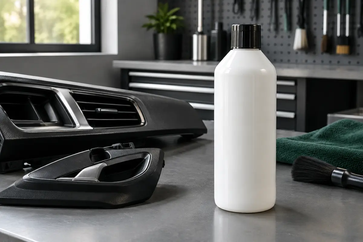 Flacon blanc de soin automobile Multi-Top posé sur un établi gris, près de plastiques intérieurs propres.