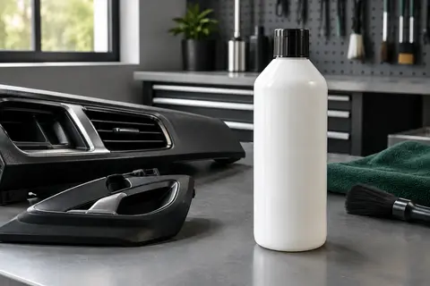 Flacon blanc de soin automobile Multi-Top posé sur un établi gris, près de plastiques intérieurs propres.