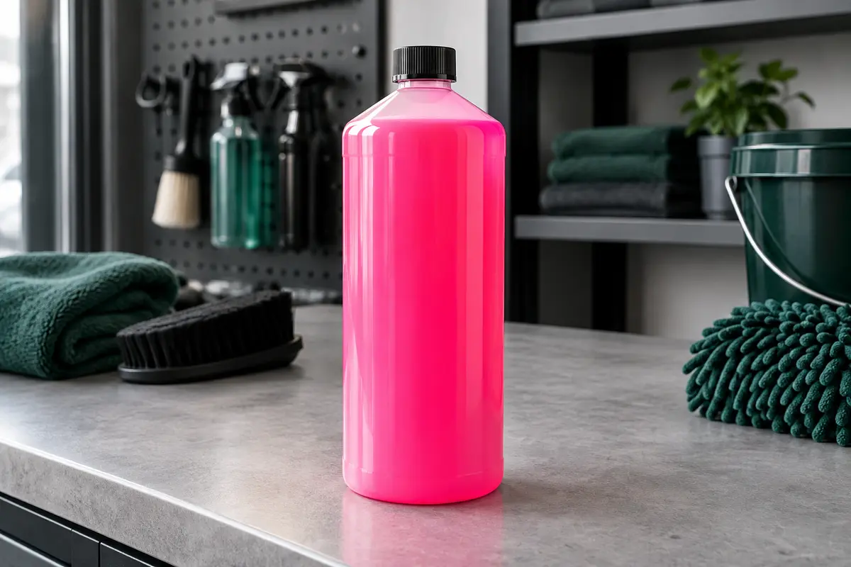 Flacon d’un litre de shampooing auto rose fluorescent posé sur un établi gris dans un atelier propre