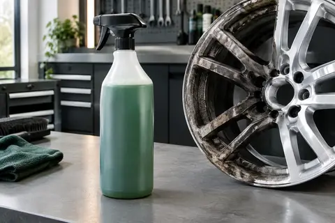 Flacon pulvérisateur de nettoyant pour jantes posé près d’une roue dans un atelier automobile propre