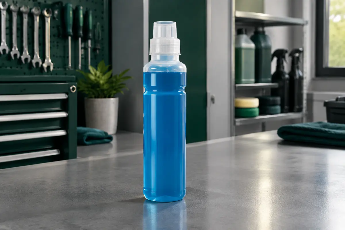 Flacon compact de lave-glace concentré bleu posé sur un établi gris dans un atelier automobile propre.