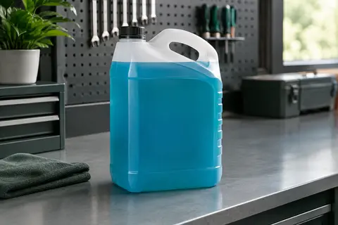 Bidon de lave-glace été de 3 litres posé sur un établi gris dans un atelier automobile
