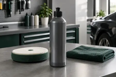 Flacon de polish abrasif pour carrosserie posé sur un établi gris dans un atelier automobile propre.