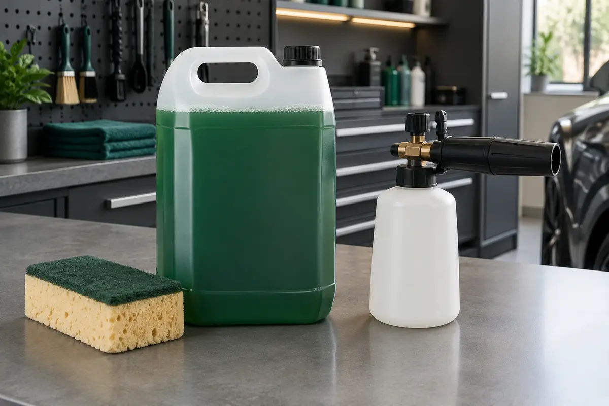 Bidon de shampooing automobile Sonax de 5 litres posé sur un établi gris dans un atelier propre