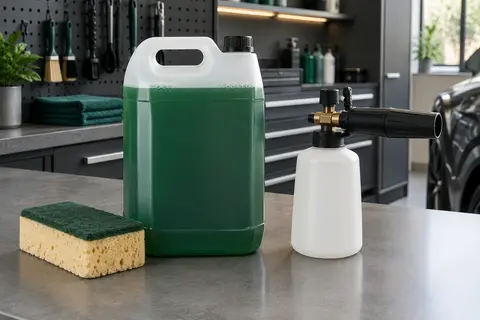 Bidon de shampooing automobile Sonax de 5 litres posé sur un établi gris dans un atelier propre
