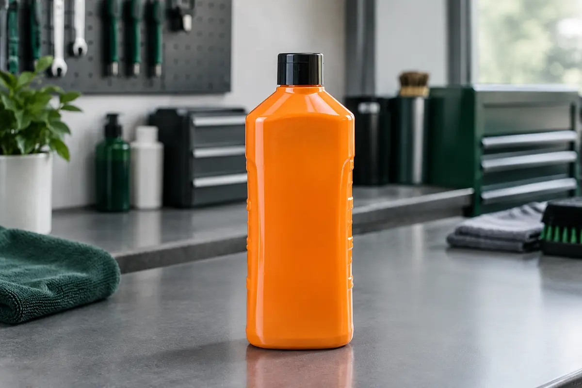 Flacon orange de shampooing auto concentré posé sur un établi gris dans un atelier propre.