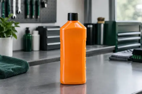 Flacon orange de shampooing auto concentré posé sur un établi gris dans un atelier propre.
