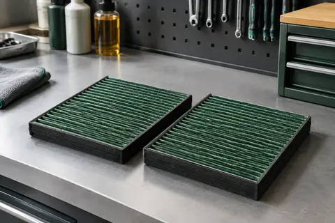 Deux filtres d’habitacle verts au charbon actif posés sur un établi gris dans un atelier propre
