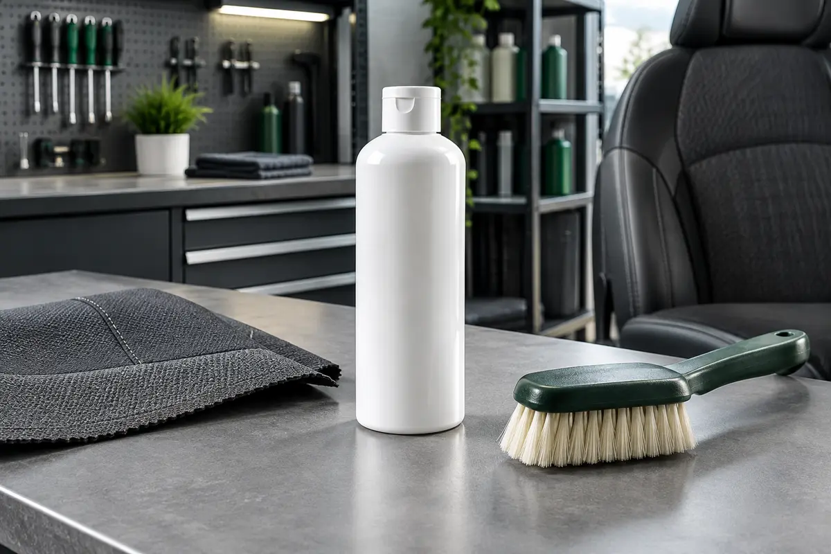 Flacon blanc de nettoyant concentré posé sur un établi gris près d’un échantillon de tissu automobile.