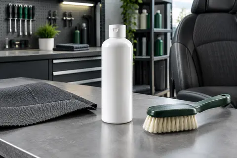 Flacon blanc de nettoyant concentré posé sur un établi gris près d’un échantillon de tissu automobile.
