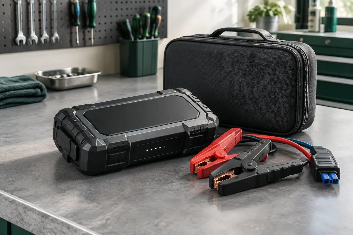 Booster de batterie noir avec pinces et mallette EVA posé sur un établi dans un atelier automobile