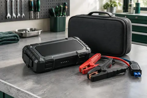 Booster de batterie noir avec pinces et mallette EVA posé sur un établi dans un atelier automobile