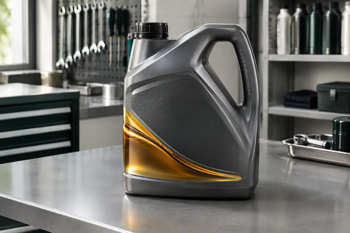 Bidon de 5 litres d’huile moteur synthétique 5W-30 posé sur un établi gris d’atelier