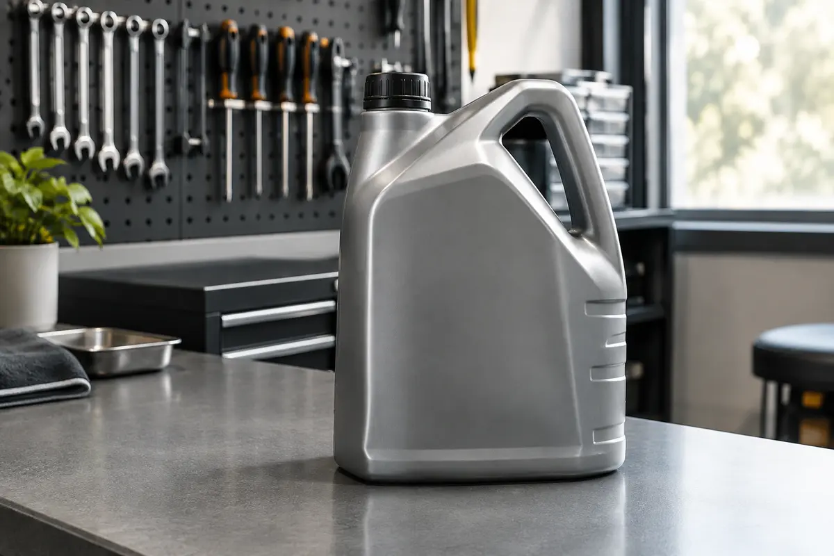 Bidon de cinq litres d’huile moteur posé sur un établi gris dans un atelier propre et organisé