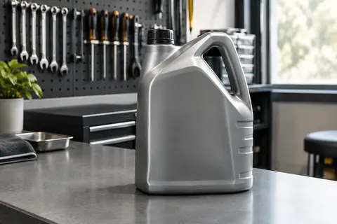 Bidon de cinq litres d’huile moteur posé sur un établi gris dans un atelier propre et organisé
