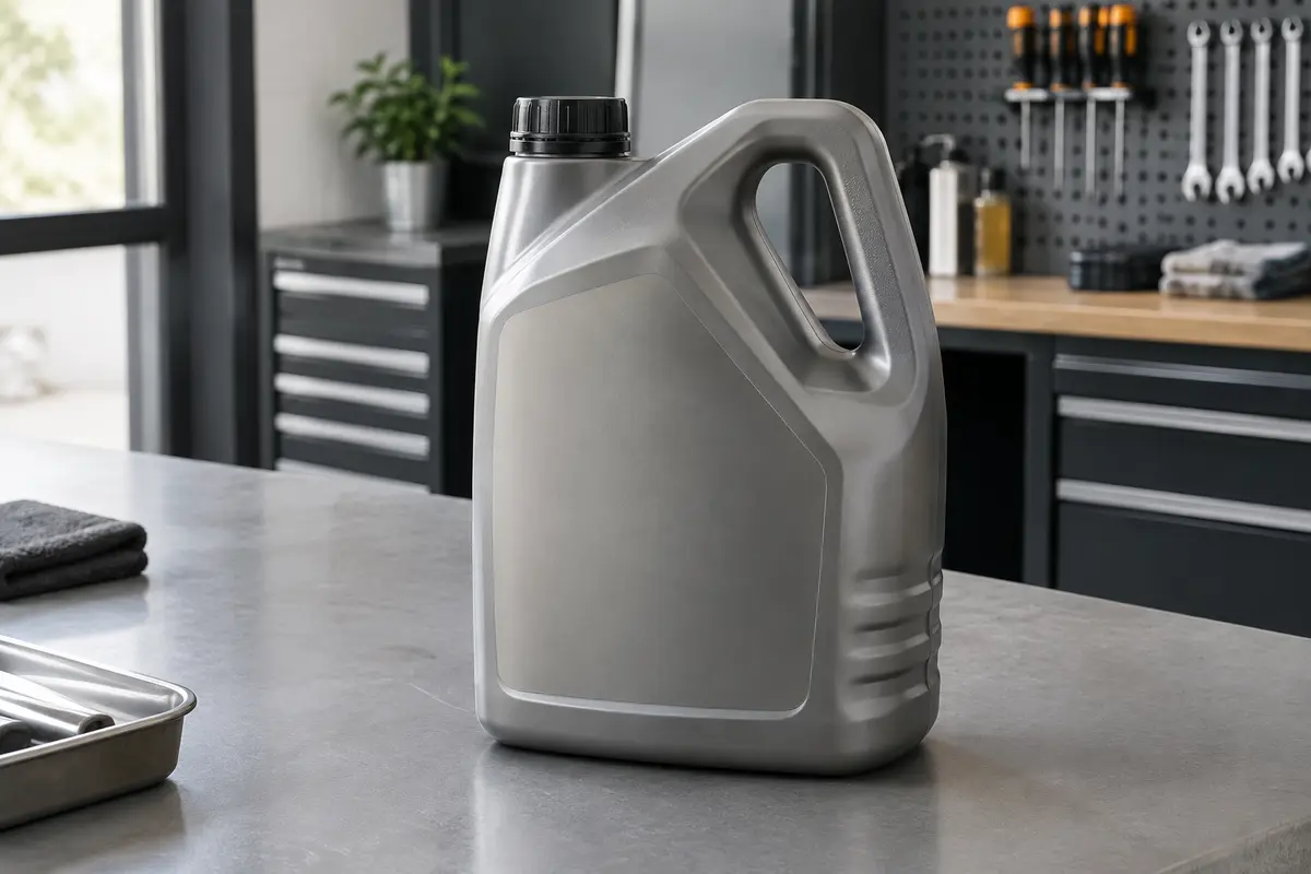 Contenant de cinq litres d’huile moteur posé sur un établi gris dans un atelier propre.