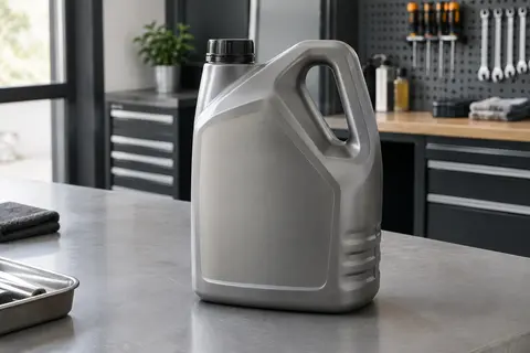 Contenant de cinq litres d’huile moteur posé sur un établi gris dans un atelier propre.
