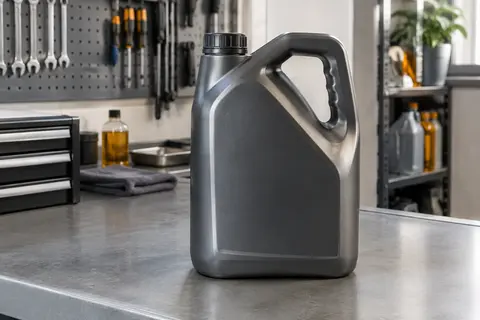 Bidon de 5 litres d’huile moteur 5W-40 posé sur un établi dans un atelier automobile propre.