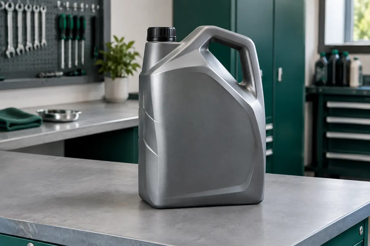 Contenant de 5 litres d’huile moteur 5W-30 posé sur un établi dans un atelier propre
