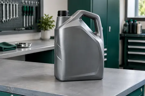 Contenant de 5 litres d’huile moteur 5W-30 posé sur un établi dans un atelier propre