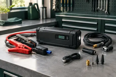 Booster de batterie noir avec écran, câbles et tuyau de gonflage sur un établi d’atelier.