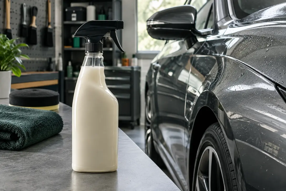 Flacon pulvérisateur de cire automobile posé près d’une carrosserie mouillée aux gouttes perlées