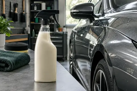 Flacon pulvérisateur de cire automobile posé près d’une carrosserie mouillée aux gouttes perlées