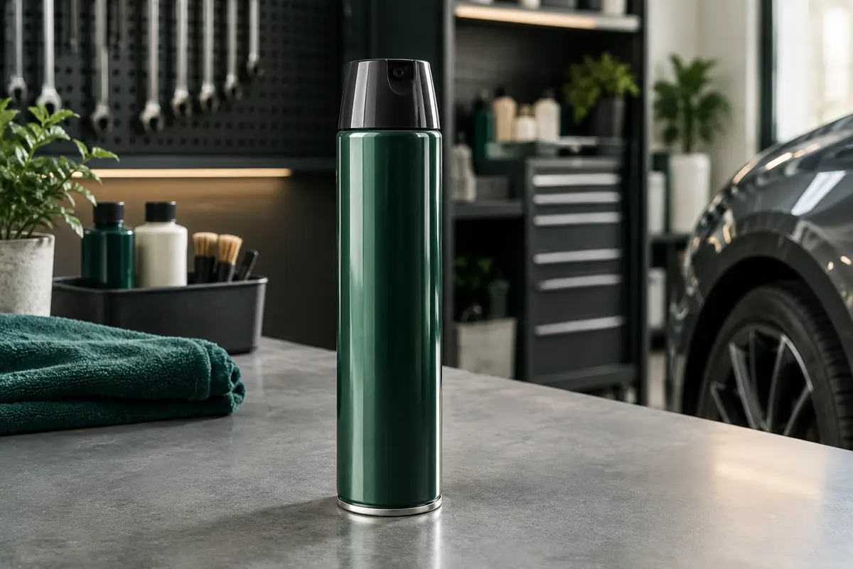 Flacon aérosol de cire céramique posé sur un établi gris dans un atelier automobile propre.