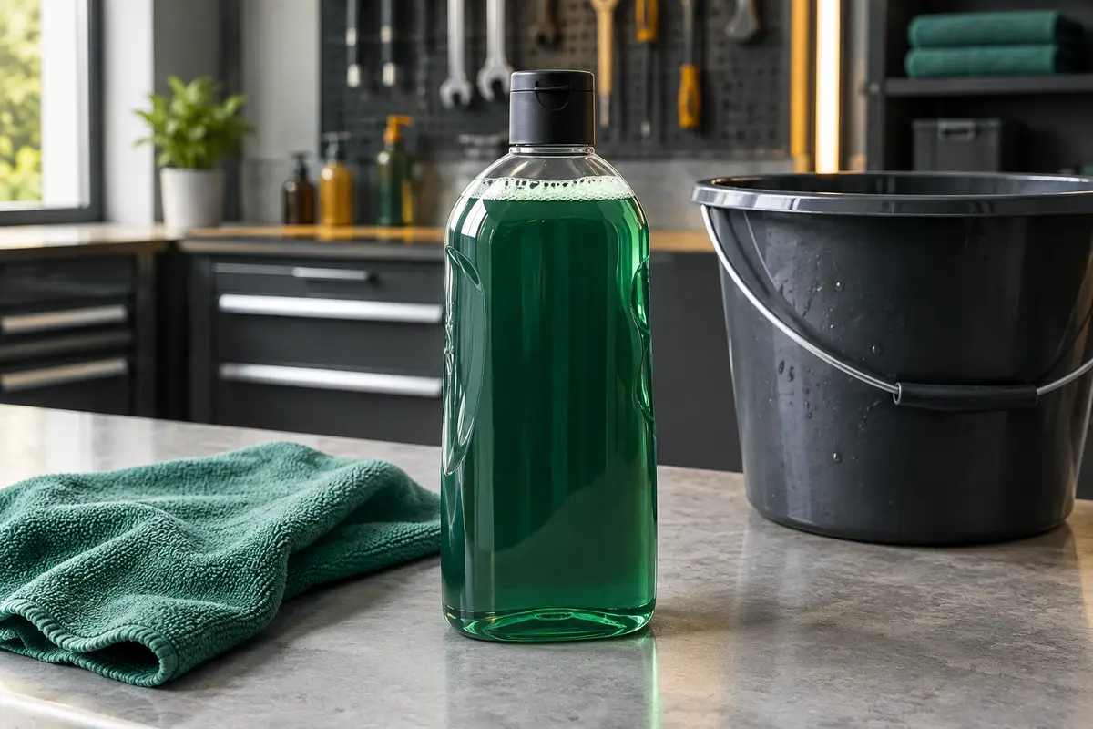 Flacon de shampoing auto liquide posé sur un établi d’atelier avec un gant microfibre et un seau de lavage