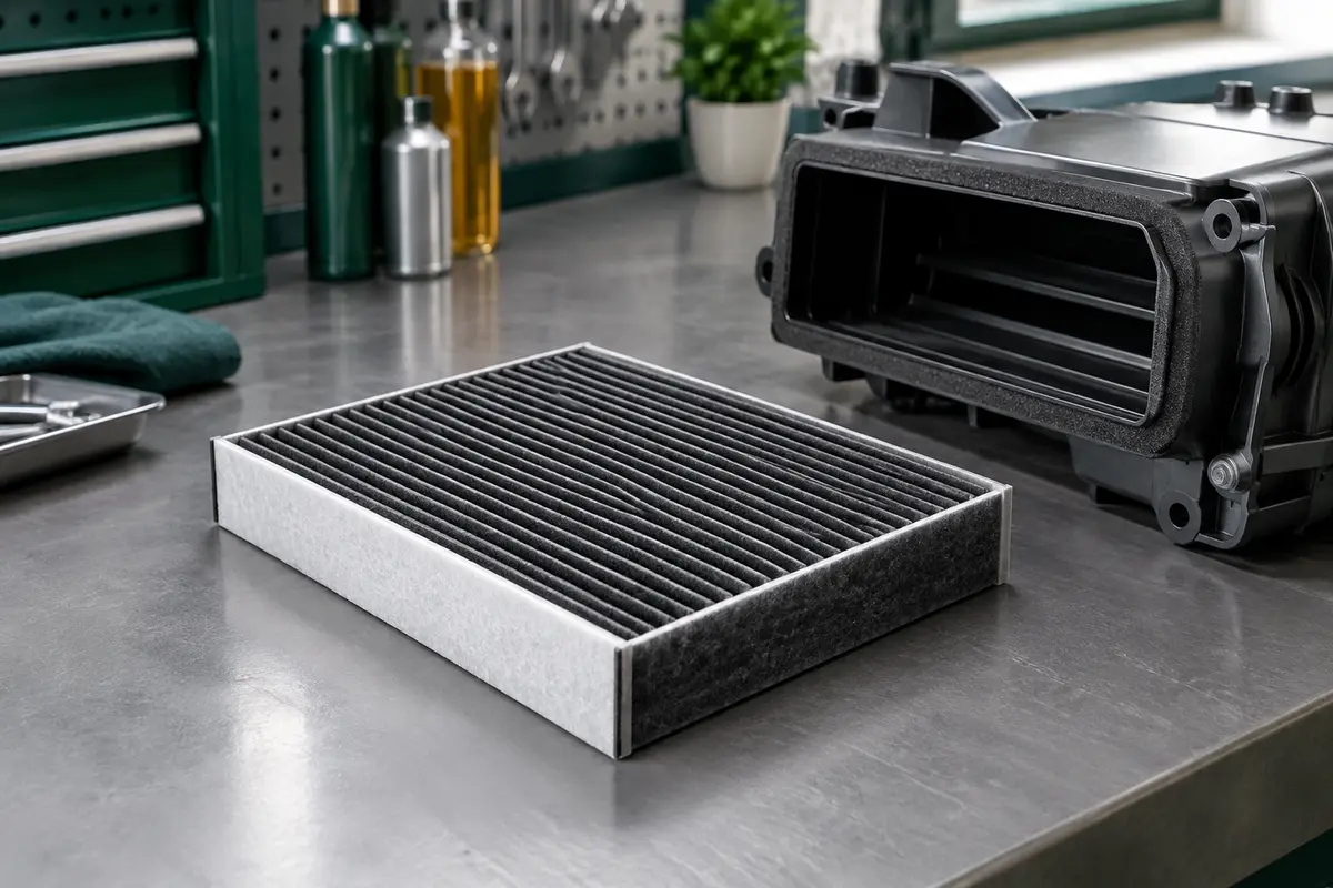 Filtre d’habitacle UFI à charbon actif posé sur un établi gris dans un atelier automobile propre