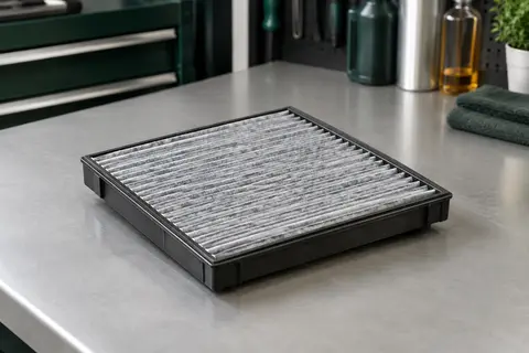 Filtre d’habitacle UFI 53.104.00 carré, avec cadre en plastique et surface filtrante compacte.