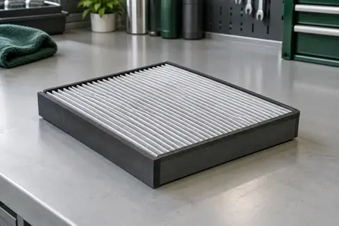Filtre d’habitacle UFI rectangulaire à plis réguliers posé sur un établi gris clair
