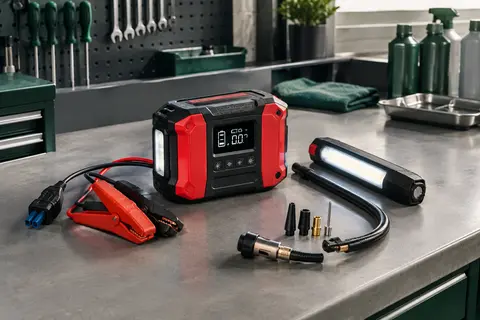 Booster de batterie rouge avec compresseur, écran LCD, pinces et lampe amovible sur un établi d’atelier.