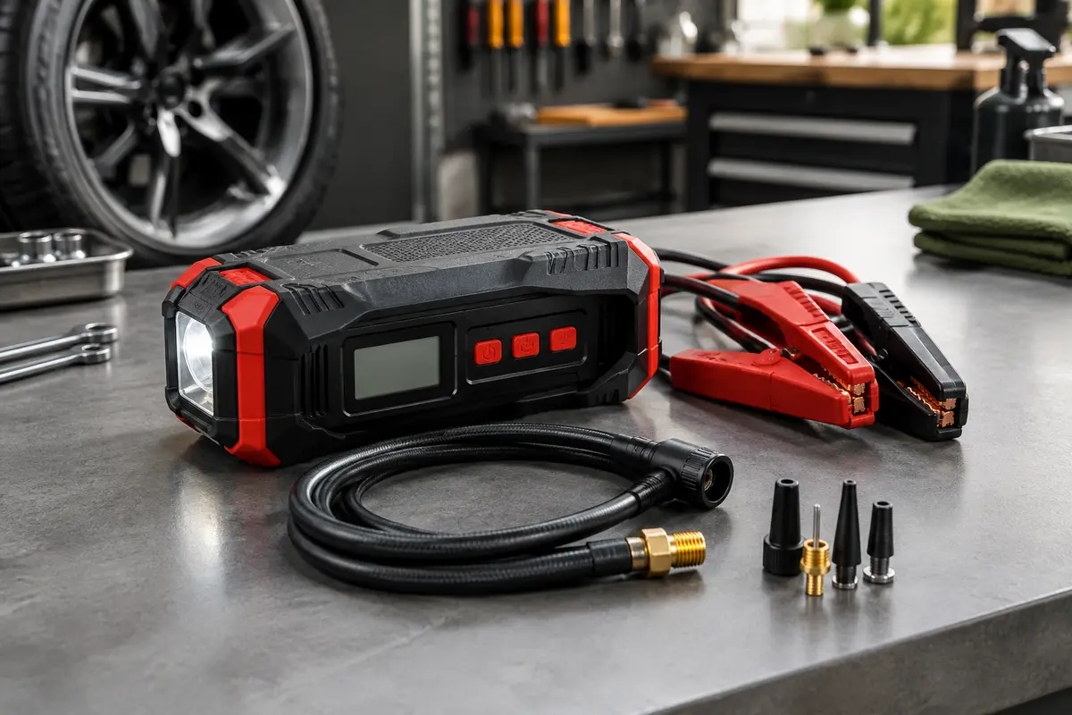 Booster de batterie noir et rouge avec pinces, écran LCD, lampe LED et accessoires de gonflage