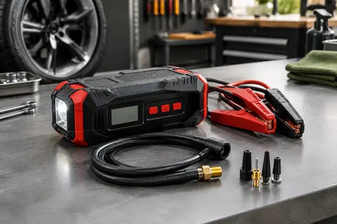 Booster de batterie noir et rouge avec pinces, écran LCD, lampe LED et accessoires de gonflage