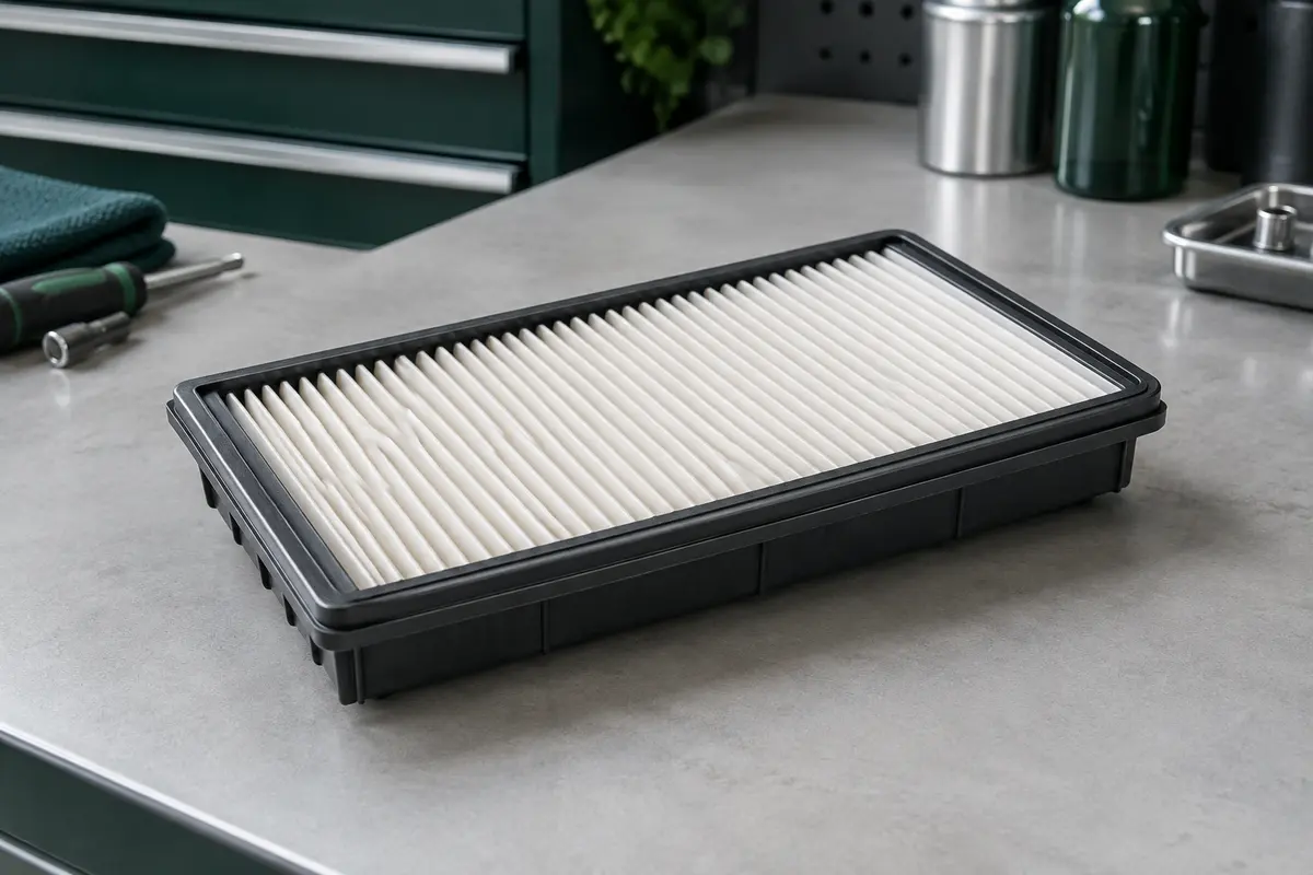 Filtre à air moteur Valeo 585071 posé sur un établi gris dans un atelier propre