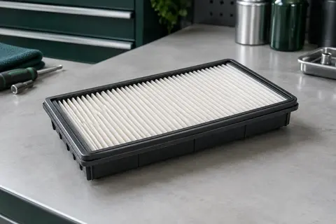 Filtre à air moteur Valeo 585071 posé sur un établi gris dans un atelier propre