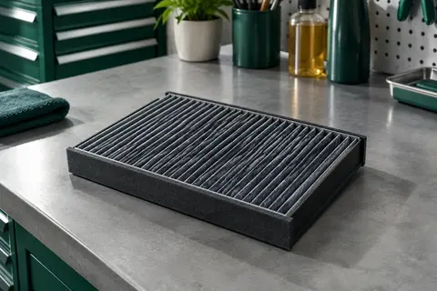 Filtre d’habitacle Valeo au charbon actif posé sur un établi gris dans un atelier automobile propre