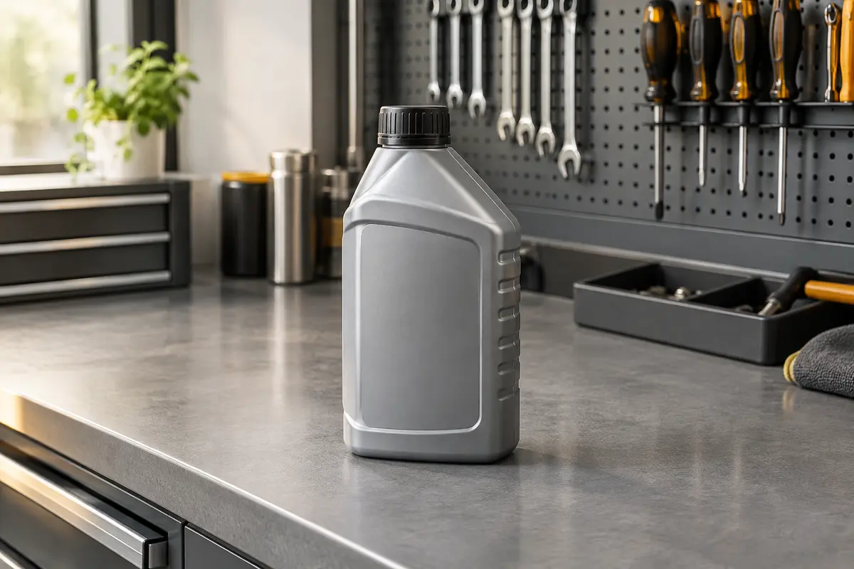 Bouteille de liquide de frein DOT 4 posée sur un établi gris dans un atelier propre