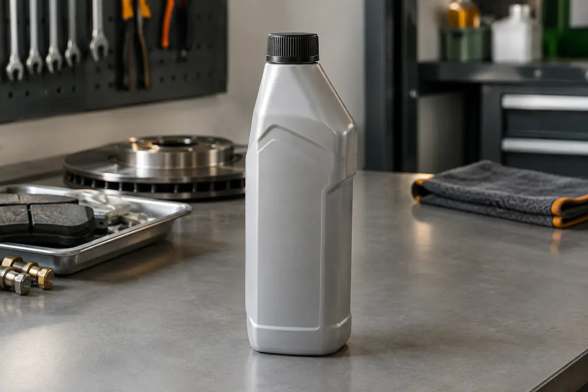 Bouteille d’un litre de liquide de frein automobile posée sur un établi gris dans un atelier propre