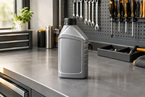 Bouteille de liquide de frein DOT 4 posée sur un établi gris dans un atelier propre