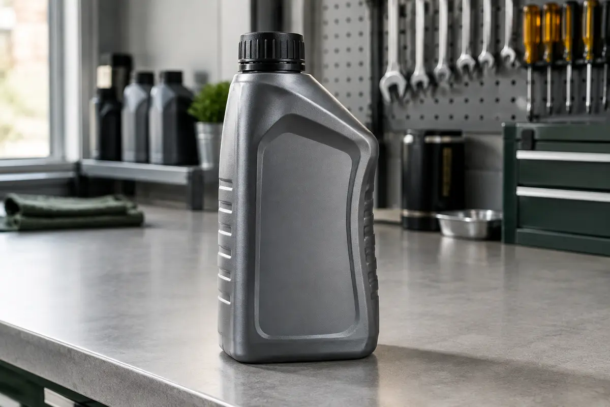 Bouteille d’un litre de liquide de frein DOT 4 posée sur un établi dans un atelier propre