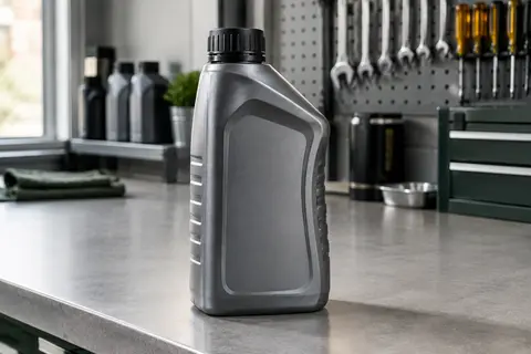 Bouteille d’un litre de liquide de frein DOT 4 posée sur un établi dans un atelier propre