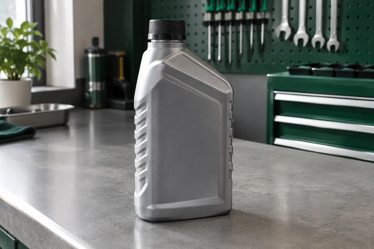 Flacon de liquide de frein DOT 5.1 de 500 ml posé sur un établi gris dans un atelier propre