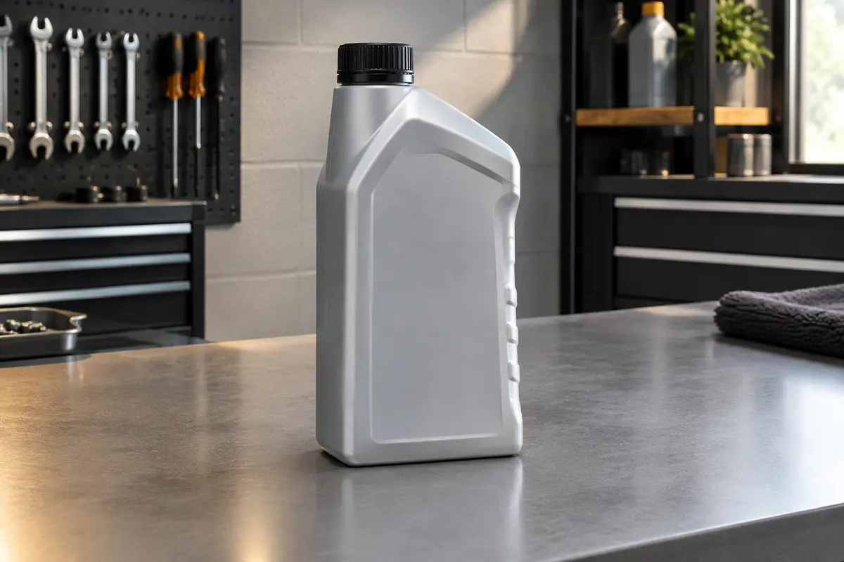 Flacon d’un litre de liquide de frein Valeo DOT 5.1 posé sur un établi d’atelier automobile.